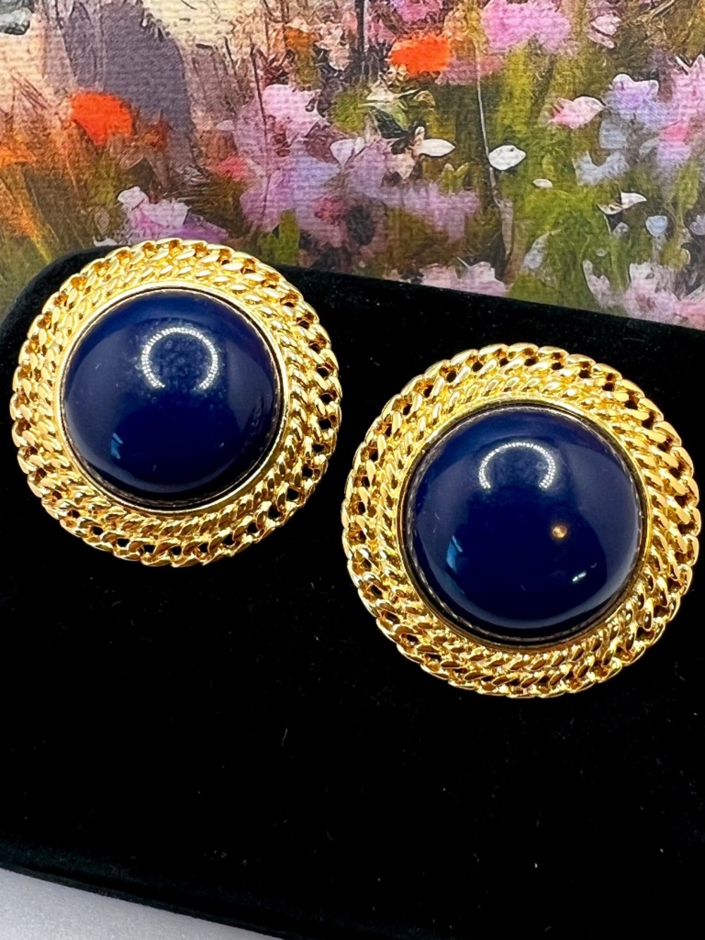 Monet Navy Blue Round Cabochon Earrings